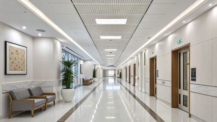 Obraz premium Modern Office Corridor with Elegant Design and Natural Light