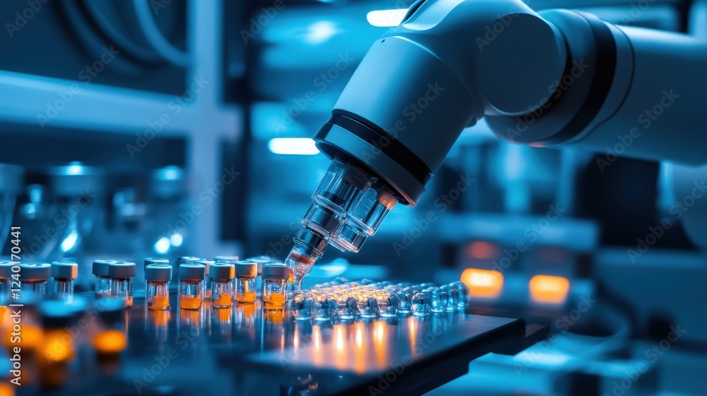 Poster robotic arm handling glass vials in high-tech laboratory environment
