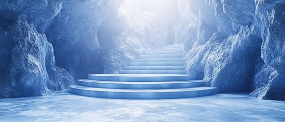 Icy stairway ascending from a cave with a bright light at the top of the steps