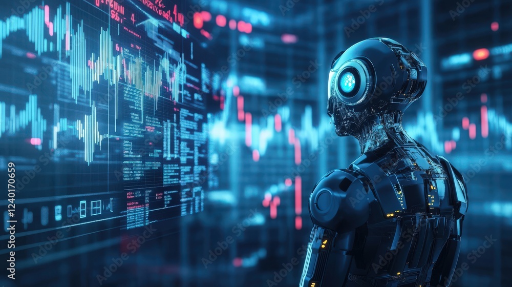 Poster Futuristic Robot Overlooking Financial Data in High-Tech Environment