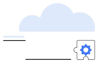Blue cloud above a gear-equipped puzzle piece symbolizes cloud integration, customization, digital infrastructure. Ideal for cloud services, data processing, IT solutions, teamwork, problem-solving