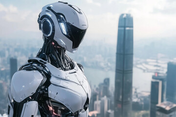 robot on building at cityscape background