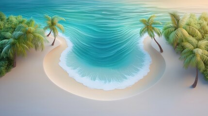 Aerial view of a secluded tropical beach with coconut palm trees curving over the turquoise sea, radiating a peaceful, exotic vibe.
