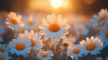 Beautiful White Daisies Sunset Field Summer Nature Photography day daisy bloom image light plant    