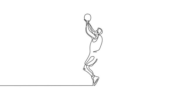 Single continuous line drawing animation of young healthy basketball female player jumping. Continuous one line drawing basketball player shot a ball. Person athlete doing slam dunk during sport game.