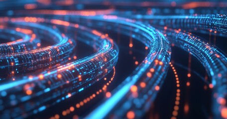 Digital data streams swirl, glowing, abstract background