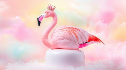 Fototapeta premium Close-up of a crowned soft pink Flamingo on a pedestal, set against a light vibrant background, capturing the playful and minimalist essence of the design.