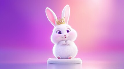 Obraz premium Close-up of a crowned white rabbit cartoon on a tiny pedestal, soft fur glowing under gentle light against a vibrant violet background.
