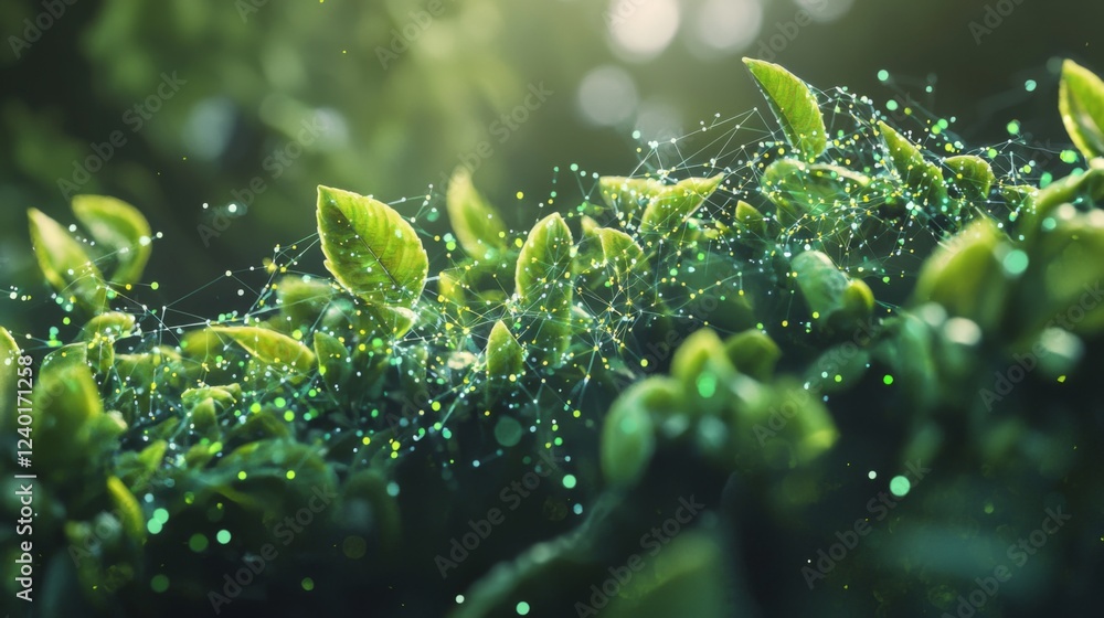 Poster fresh green leaves with digital connection and technology overlay representing nature and innovation