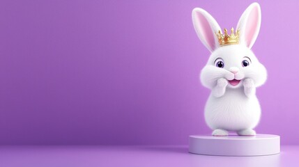Obraz premium Cute white rabbit cartoon with a delicate golden crown, standing proudly on a sleek pedestal against a rich violet background, dreamy and playful.