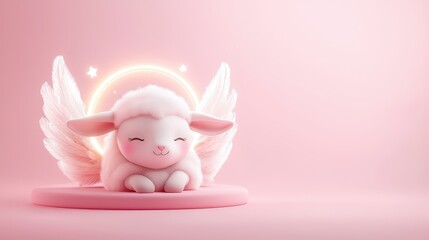Dreamy angel sheep with soft feathers and glowing halos, resting on a pastel pink surface, minimalist and ethereal design.
