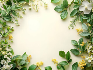Elegant Floral Frame: Spring Blossoms & Greenery Background