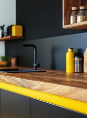 Modern kitchen with wood countertop, black cabinets, and yellow accents.