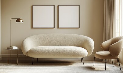 Beige and cream living room interior featuring a plush, textured sofa and armchair, two empty picture frames, a floor lamp, and side table. Soft