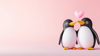 Naklejka premium Two adorable penguins standing close together on a bold pink background, soft and minimalist design creating a charming atmosphere.