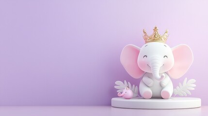 Obraz premium Whimsical crowned pink elephant character sitting gently on a round pedestal, adorable form radiating joy against a bold violet backdrop.