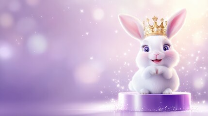Fototapeta premium Whimsical royal rabbit cartoon with a golden crown, positioned delicately on a stylish pedestal, bathed in soft light on a violet background.
