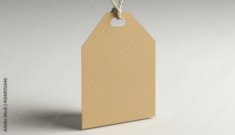 Poster light brown kraft paper tag with a hole and a twine string, hanging against a light gray background.