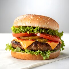 Delicious Cheeseburger with Fresh Vegetables and Sesame Seed Bun