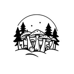 Enchanted Forest: A captivating black and white illustration featuring a cluster of mushrooms nestled amongst towering trees. A mesmerizing depiction of nature's beauty.