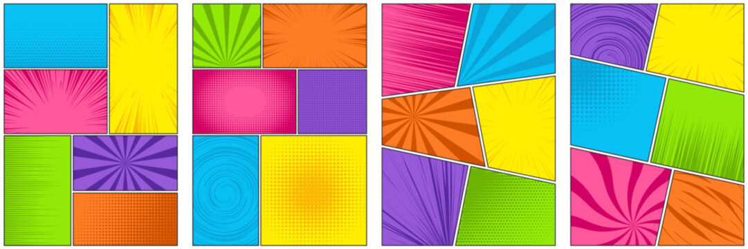 Comic book frame. Colored manga template. Pop art cartoon page with grid and boxes on white backdrop. Anime cover with explosion speed lines and halftone effect for storyboard.