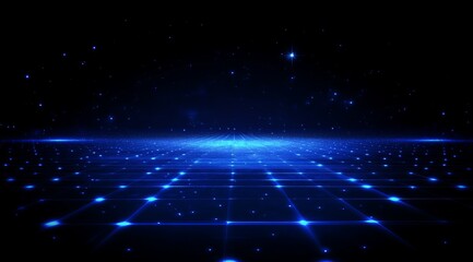 Blue digital grid landscape, cosmic background, tech presentation