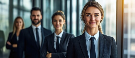 Group of business people standing in office building with sunlight shining through window