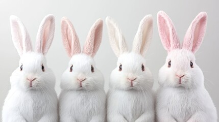 Four white rabbits, studio shot, neutral background, Easter