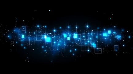 Blue digital data stream, glowing, dark space, website banner