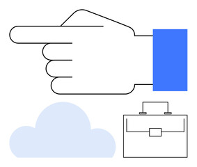 Outline hand pointing left, blue cuff, minimalist briefcase, and cloud. Ideal for guidance, direction, technology, innovation work-life decision-making cloud computing. Simple line flat abstract