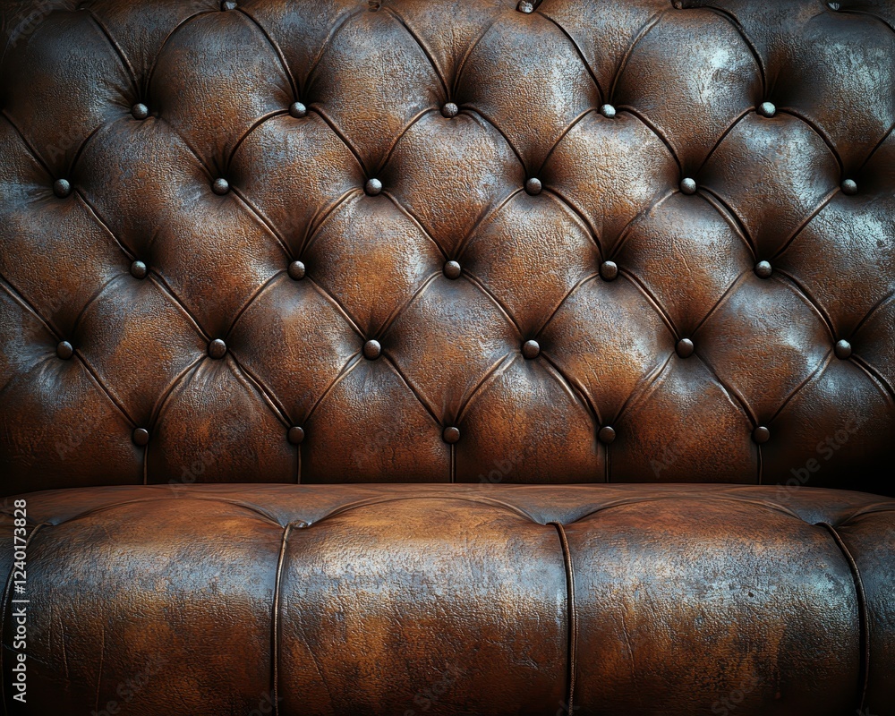 Poster close up view of brown tufted leather upholstery. the texture is prominent, showing deep button tuft