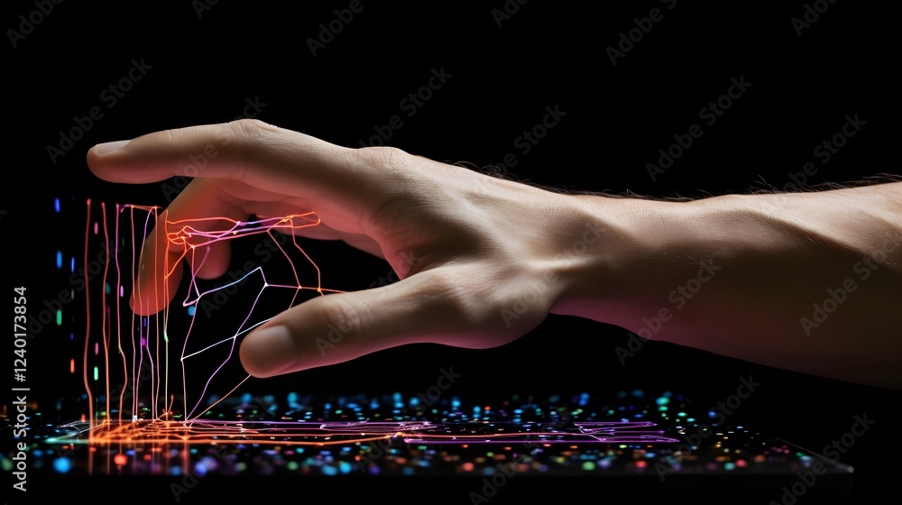 Aufkleber cybernetic hand interacting with futuristic digital data streams intelligence and technology concept