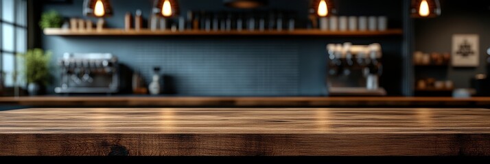 Rustic wooden table in modern cafe interior with warm lighting and shelves