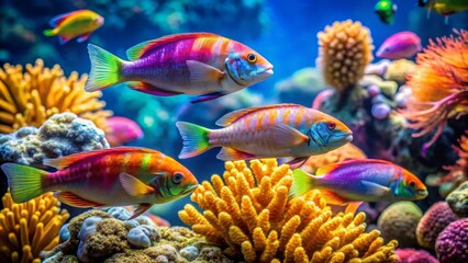 Obraz premium Colorful Marine Life Swimming Among Vibrant Coral Reef Ecosystem