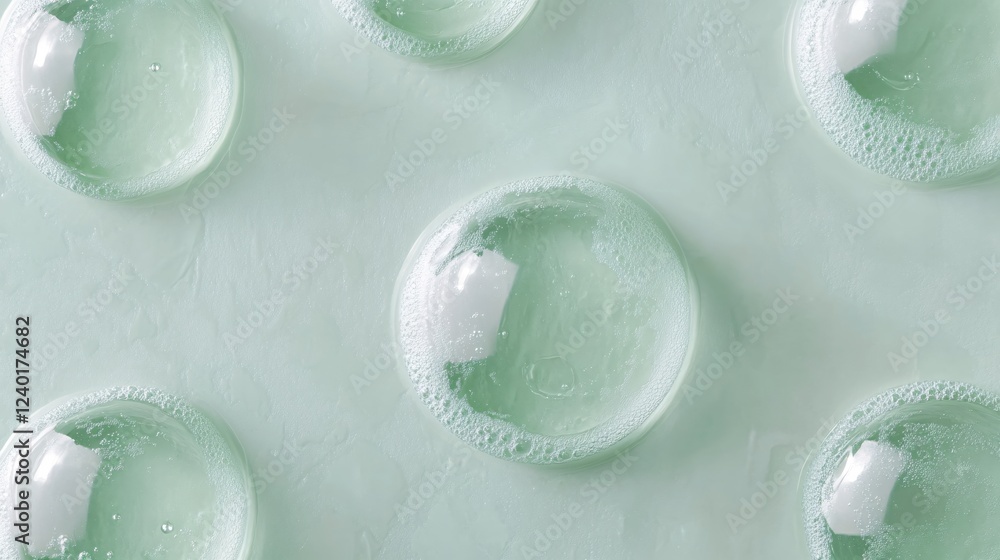Poster green liquid bubbles on a light green surface creating a clean and fresh abstract pattern
