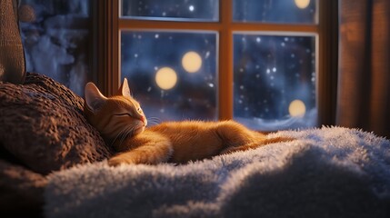 Obraz premium A Ginger Cat Napping by a Window with a Snowy View