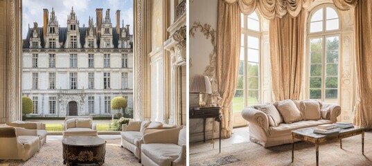 Luxurious interior of french chateau overlooking picturesque white castle