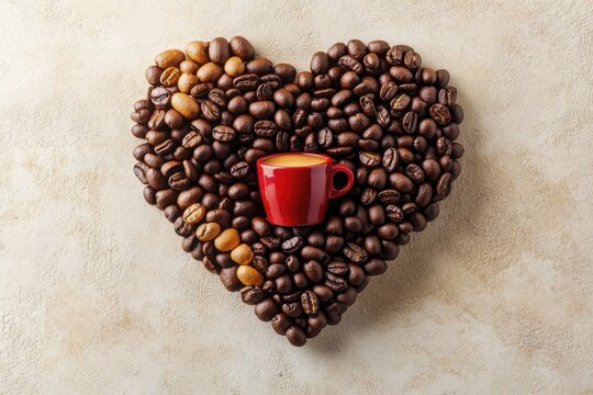 Heart shape made of coffee beans with red cup for love and coffee enthusiasts