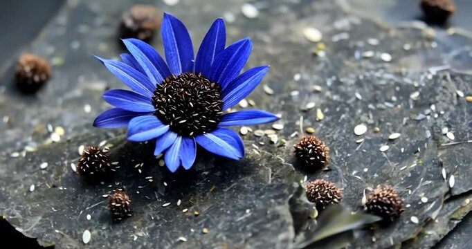 Overhead View of Black Cumin Seeds on Textured Slate with Delicate Blue Sockets Flower

