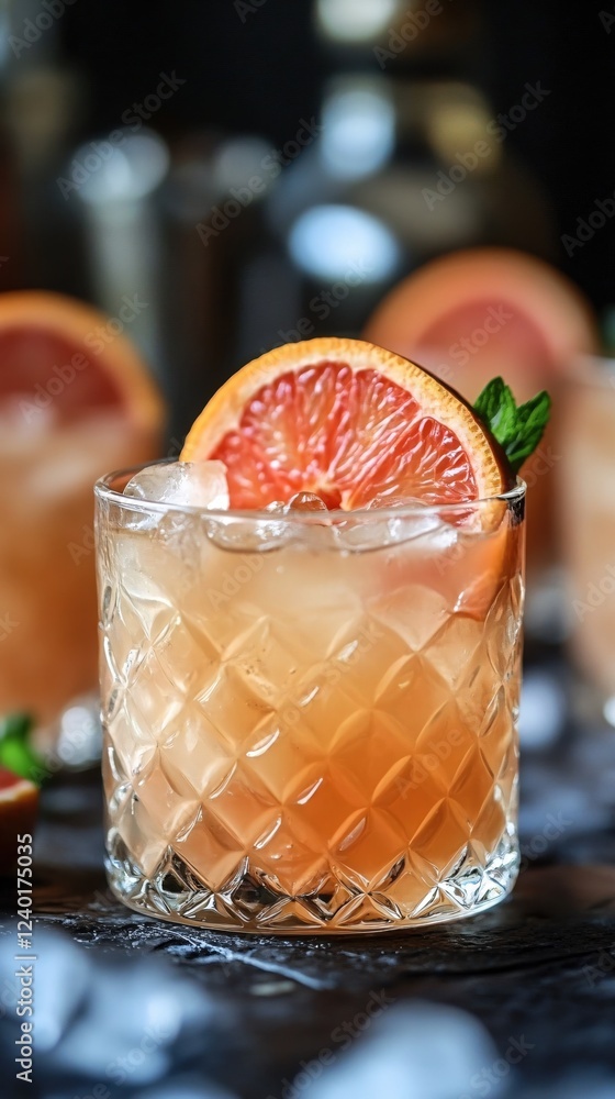 Aufkleber refreshing grapefruit cocktail with ice and mint garnish on dark surface in a moody setting