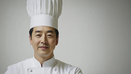 Confident chef in white uniform with tall hat in professional culinary portrait