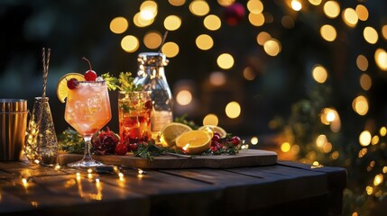 Elegant party setup with garnish board and festive cocktails for celebrations