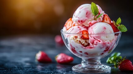 Close up of a glass bowl filled with creamy strawberry ice cream, garnished with fresh strawberries and mint leaves. The ice cream is pink and white