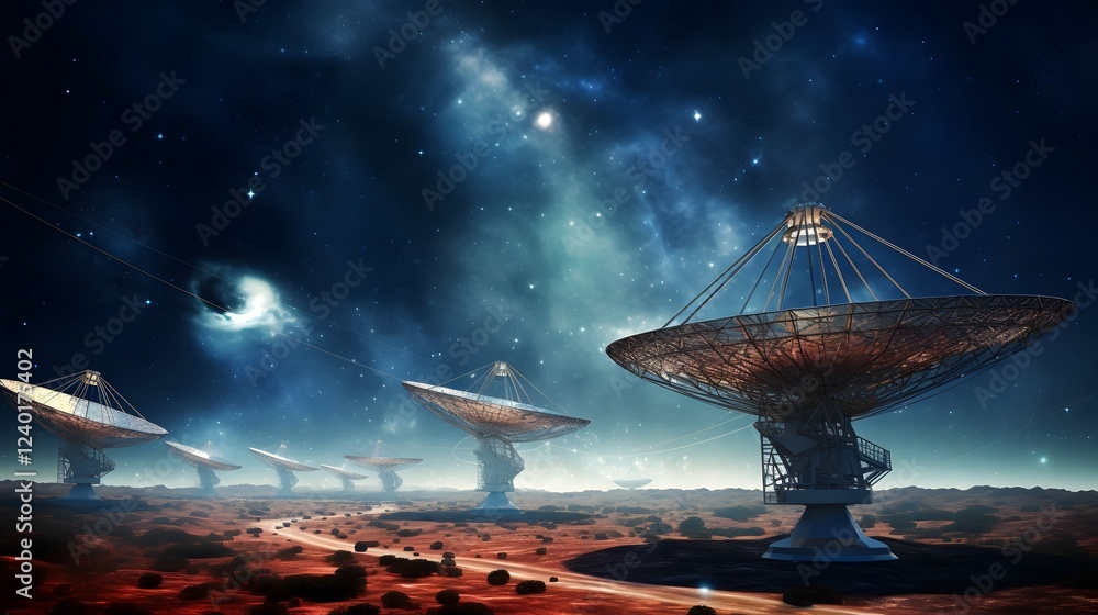 Poster scientist intensely analyzing deep space signals and phenomena using a powerful radio telescope for 
