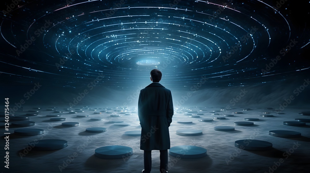 Aufkleber scientist analyzing and investigating deep space signals using a powerful radio telescope for astron