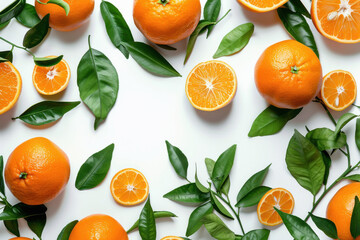 orange fruit and leaves, plain white background.