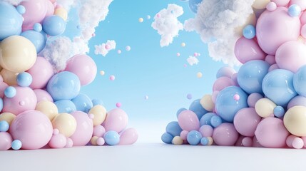 Pastel balloons floating, sky background, party scene, product display