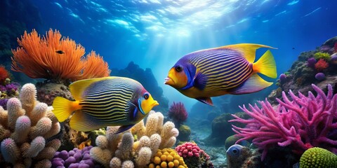 Obraz premium Colorful Tropical Fish Swimming Among Vibrant Coral Reef Underwater