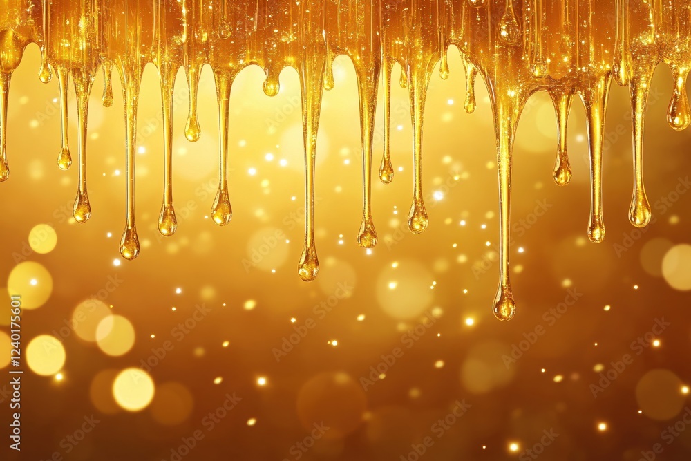 Aufkleber dripping golden liquid with bokeh effect and shiny surface on a warm golden background