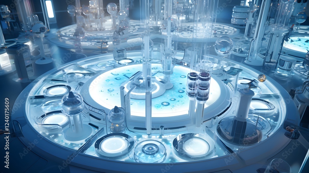 Poster a detailed close up view of a futuristic genetic research laboratory showcasing advanced scientific 